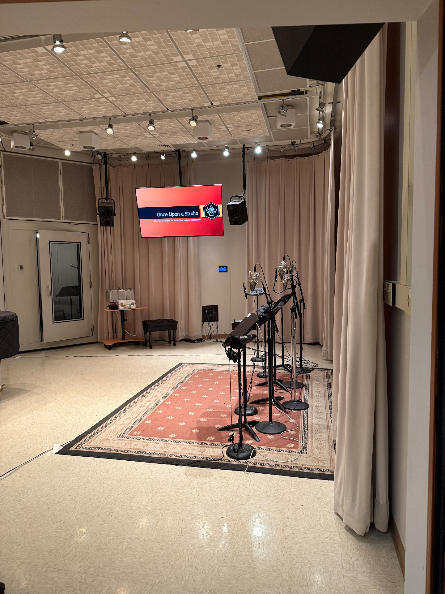Live room of the renovated Audio Production Studio with an array of large-diaphragm condenser microphones on tall stands over a patterned area rug.