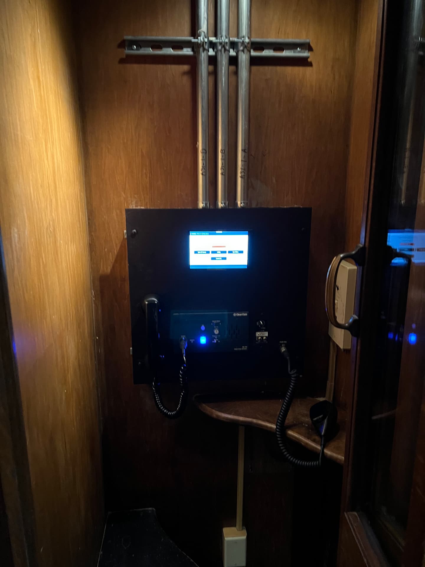 Stage manager station with intercom, paging, and control touch panel.