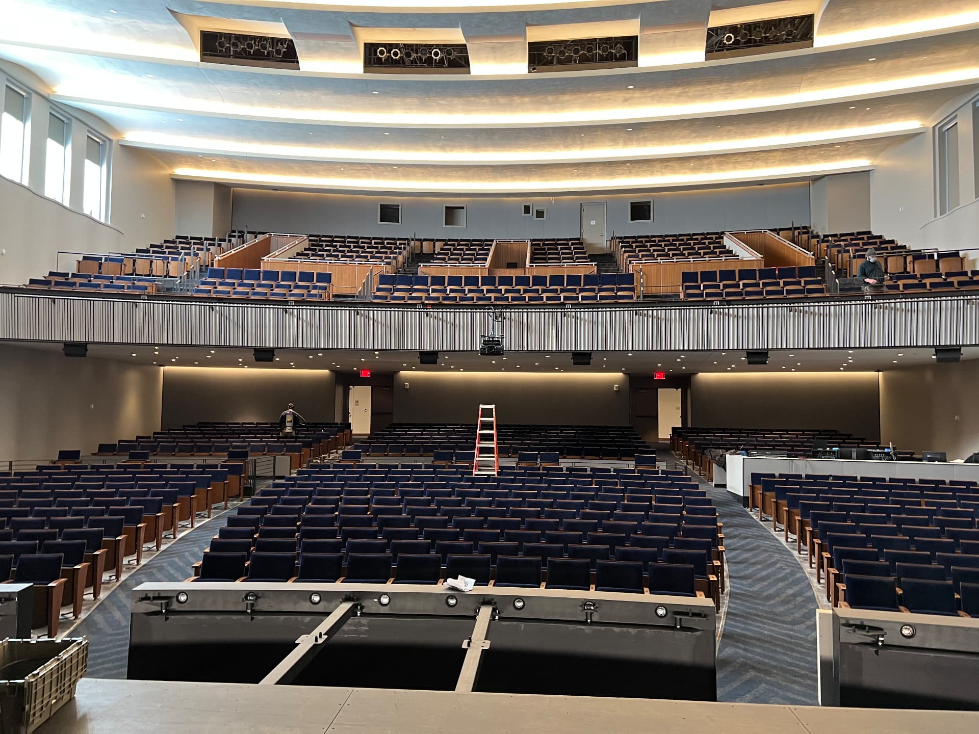 The renovated house from the stage — balcony fill, front fills, and mix position.