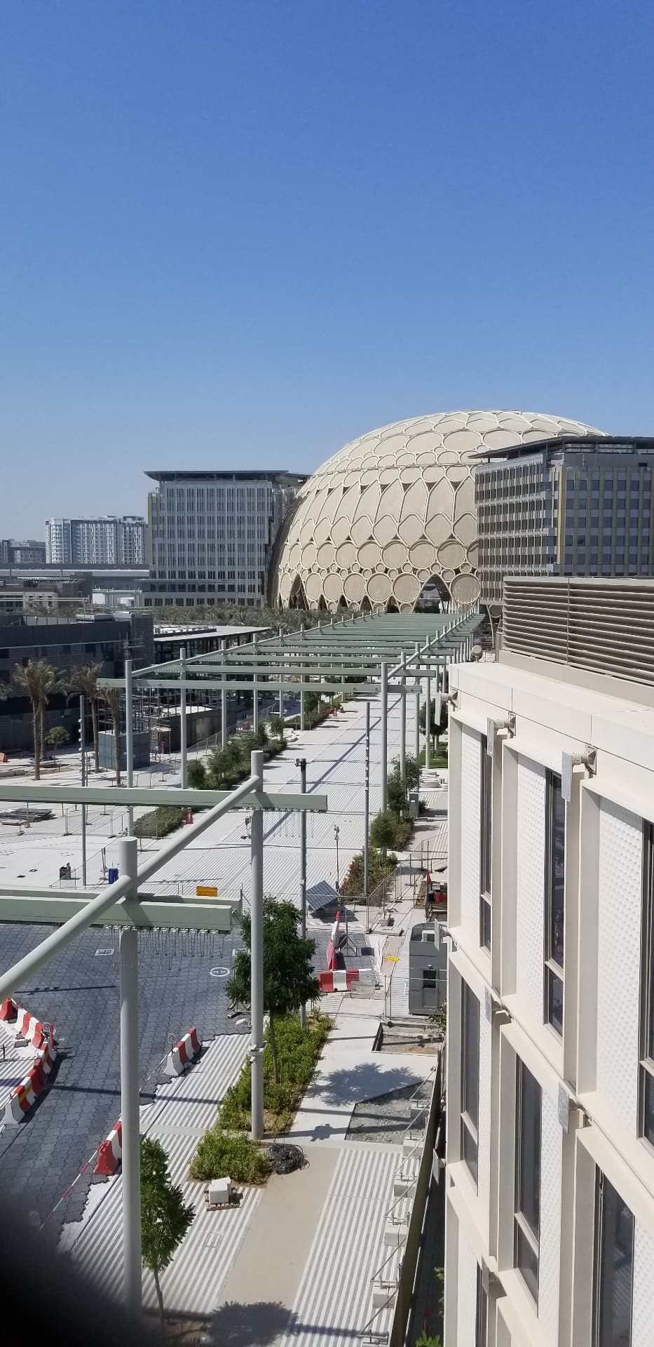 The dome viewed across the Expo site during fit-out.