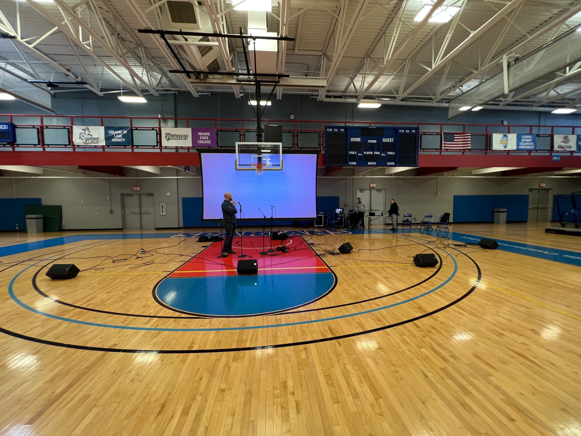 Athletics gymnasium during commissioning of the portable reinforcement and projection system.