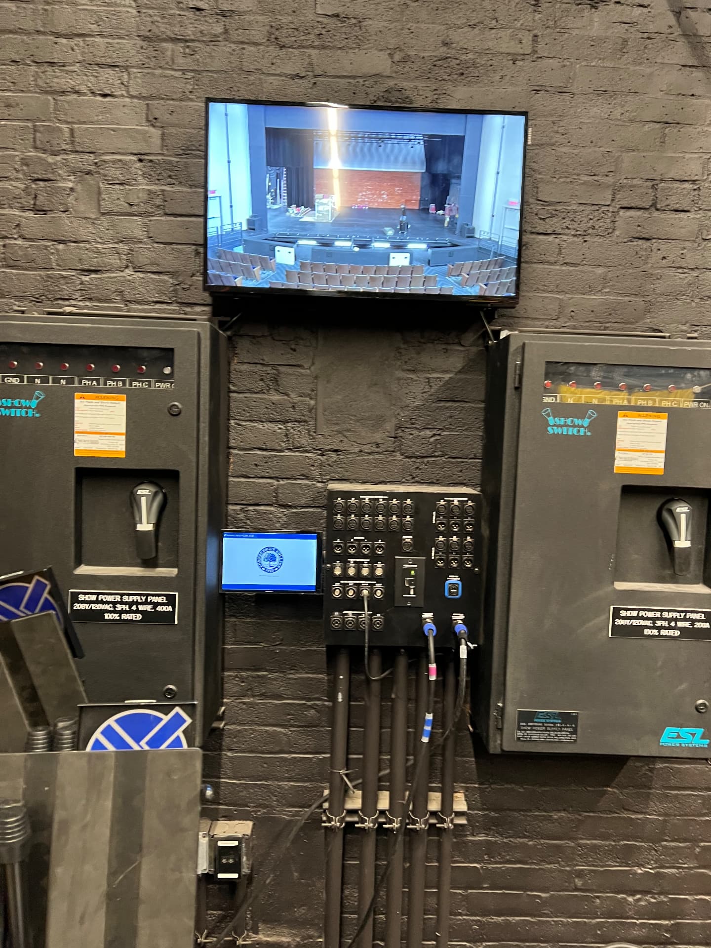 Backstage show power, company switch, and stage video monitor feed.