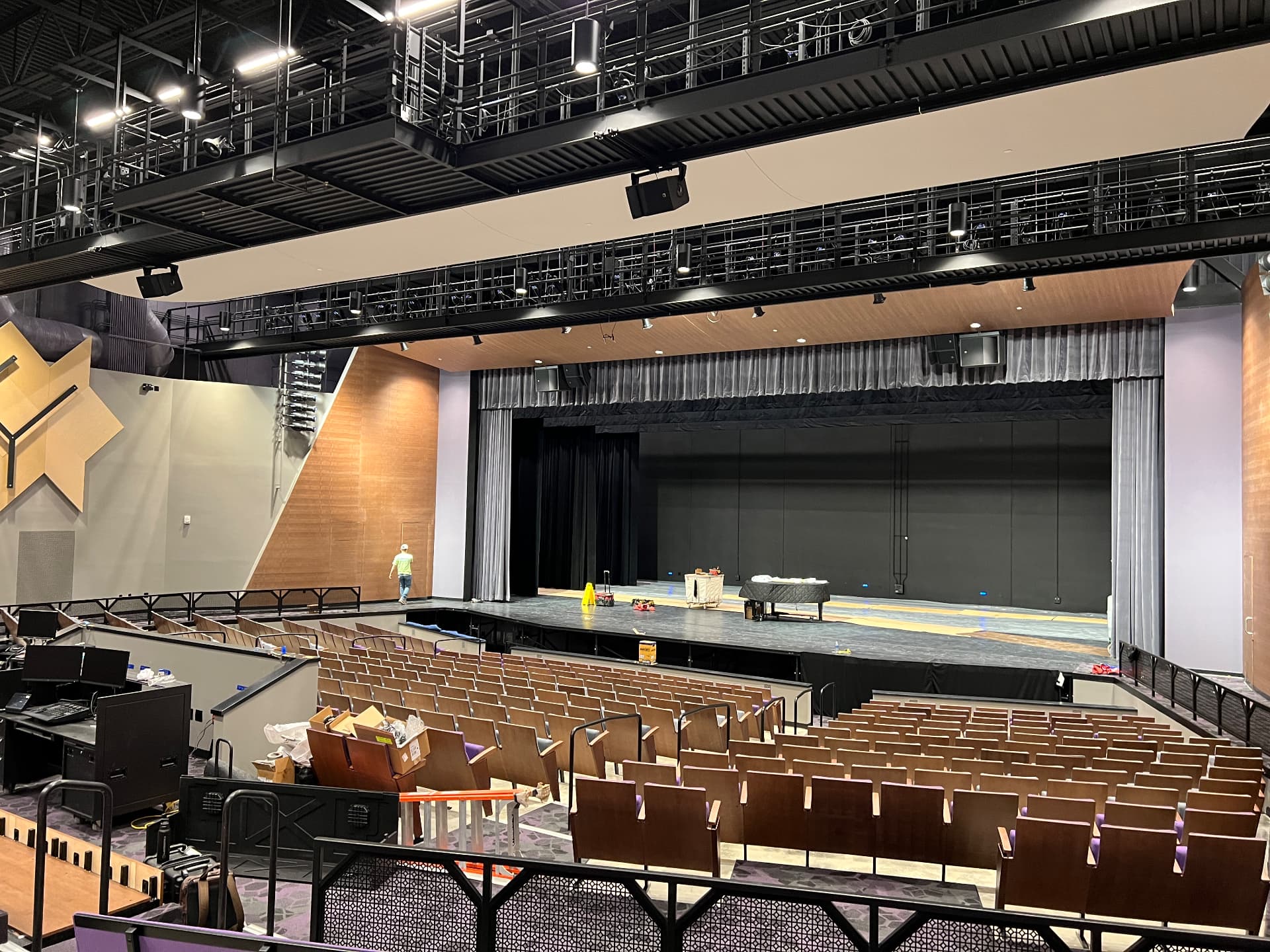 New auditorium during fit-out, with catwalk positions and proscenium loudspeaker arrays in place.