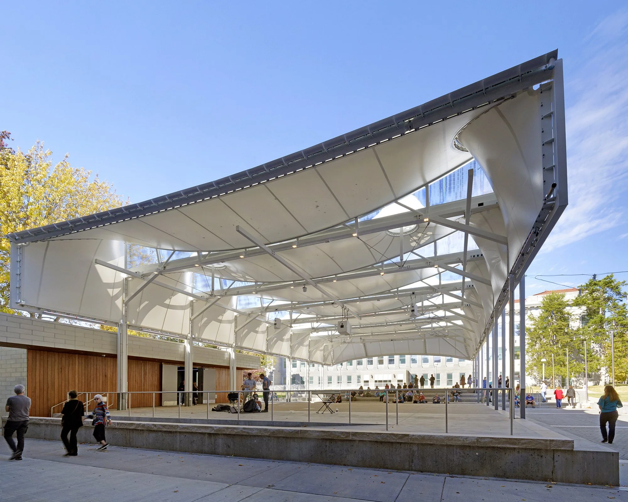 The tensile canopy of the John Goodman Amphitheatre from the plaza.