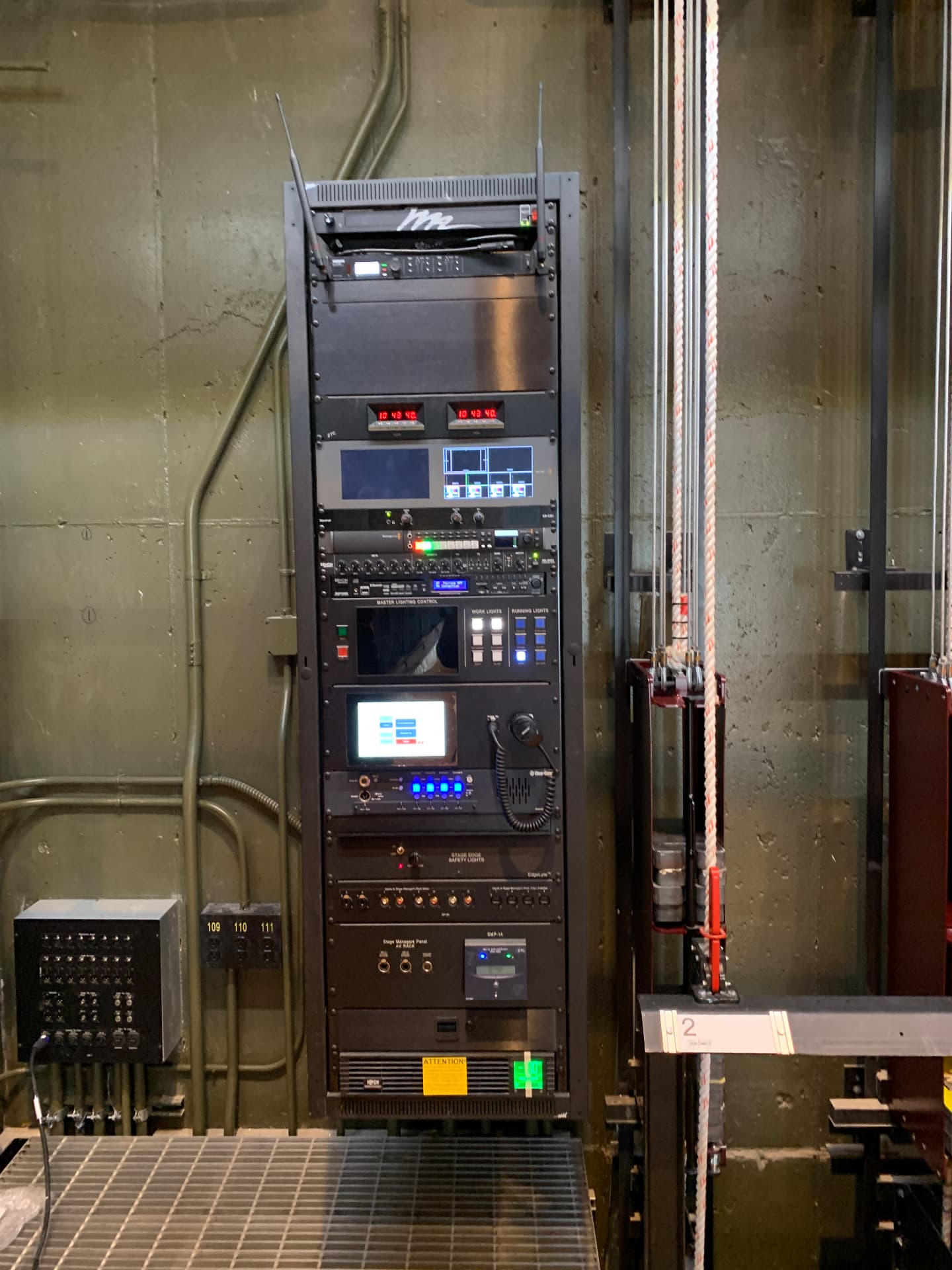 Backstage rack: stage manager panel, intercom, program audio, and paging.