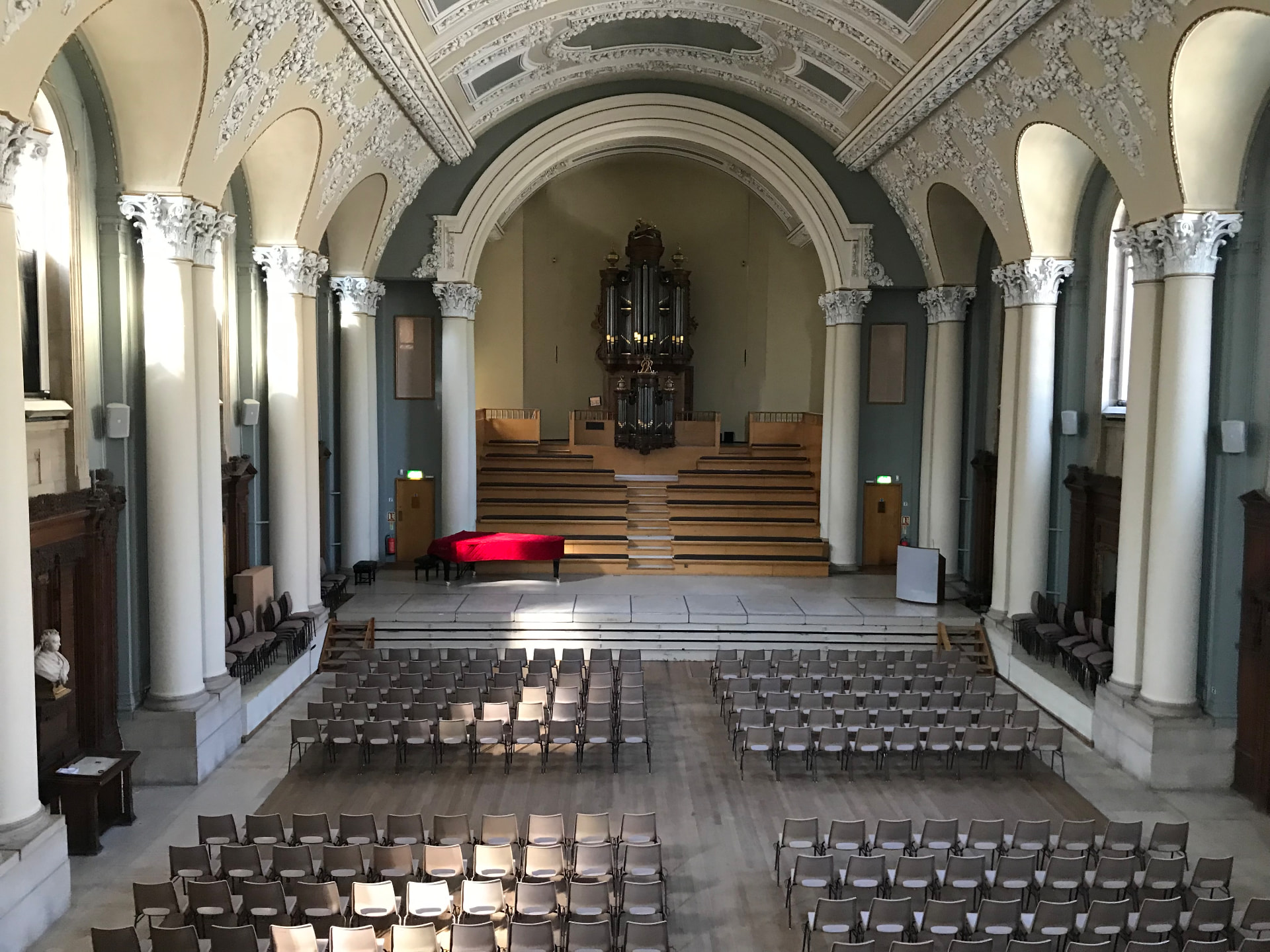 School Hall in flexible concert format with distributed loudspeakers on the colonnade.