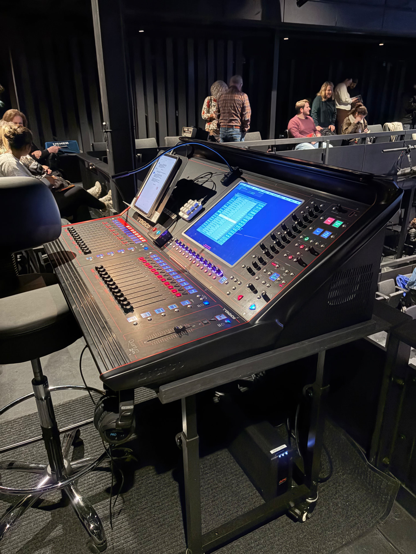 DiGiCo Quantum 225 at the in-house mix position, with local I/O and UPS below the desk.